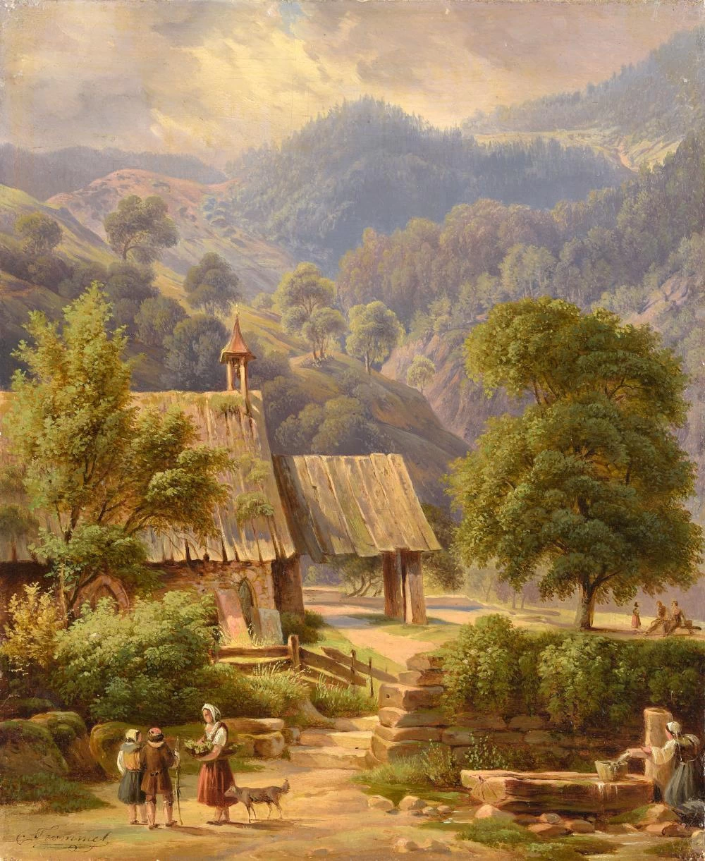 Paesaggio boscoso con cappella